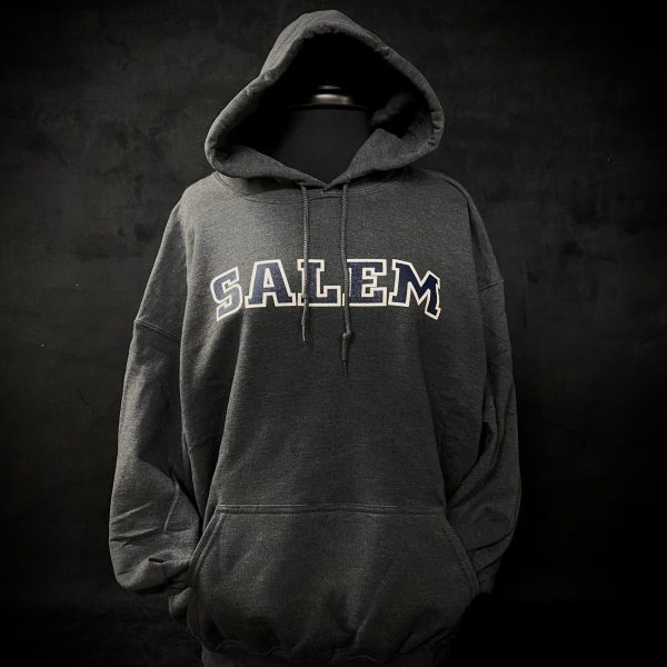 Image of a gray hoodie in front of a black background with 'Salem' across the front of the hoodie. The font is blue with a white outline.