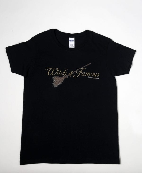 Black cotton t-shirt with broom. Witch and Famous.