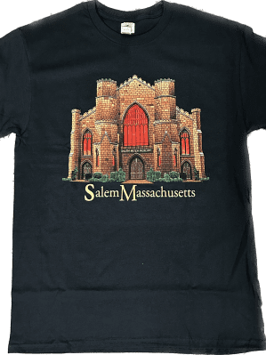 front view of t shirt showing image of the building