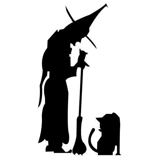A black and white image of a witch with a broomstick and cat making up the logo of the Salem Witch Museum. A popular sign for those who visit in October.