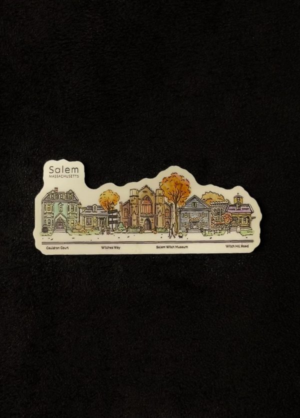 This sticker displays the Salem Witch Museum front and center, surrounded by the fictional "Cauldron Court," "Witches Way," and "Witch Hill Road." The top left of the sticker reads "Salem, Massachusetts."