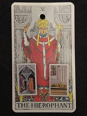 The backing card of the example image is the Hierophant. The earrings themselves are 3 of Pentacles and 4 of Swords. All of the images are in the style of the classic Rider-Waite tarot deck.